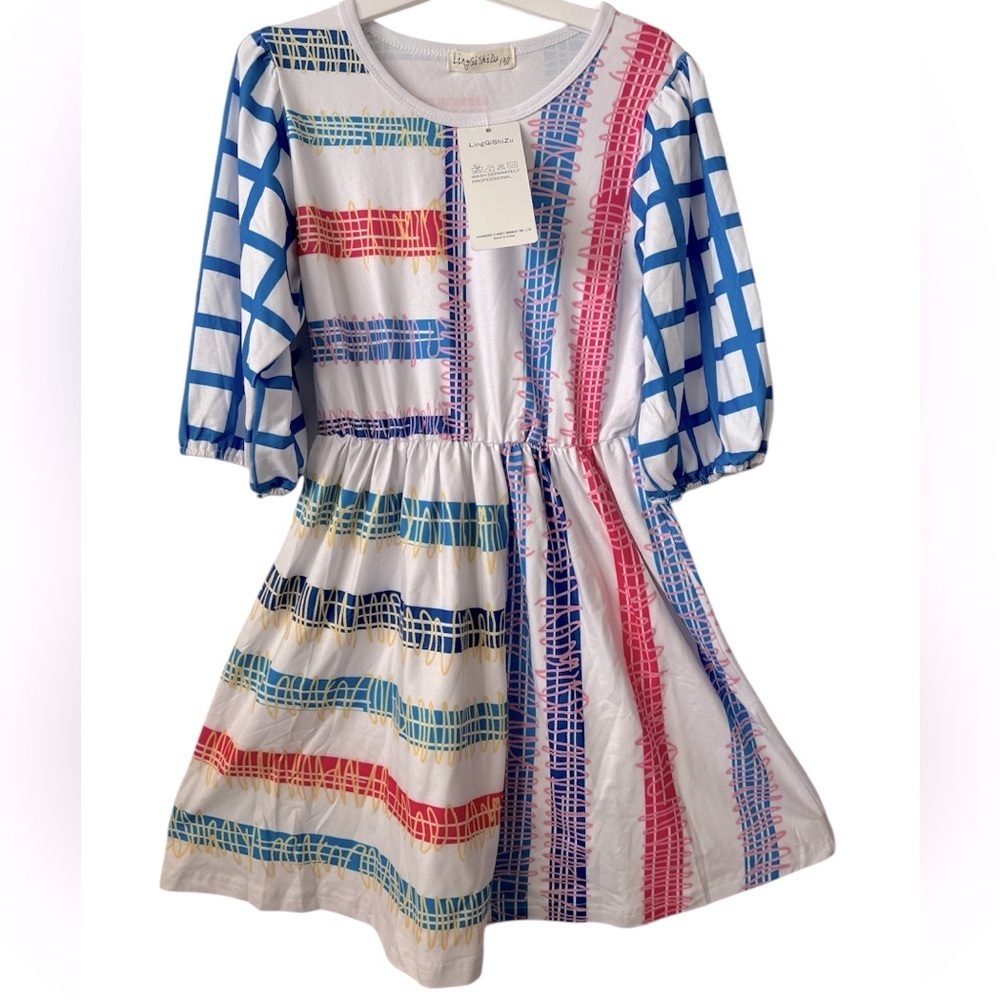 Kid’s Girl Casual Printed Short Sleeves Size 5-6 Skater Everyday Casual Dress B - Picture 1 of 7